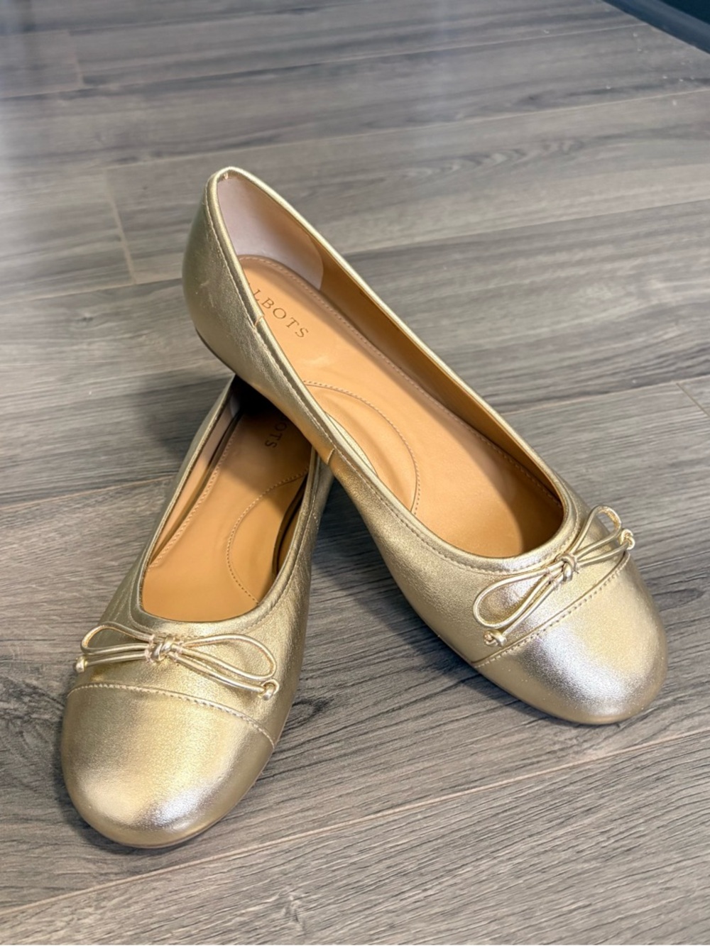 Talbots Metallic Gold Leather Ballet Flats with Bow
